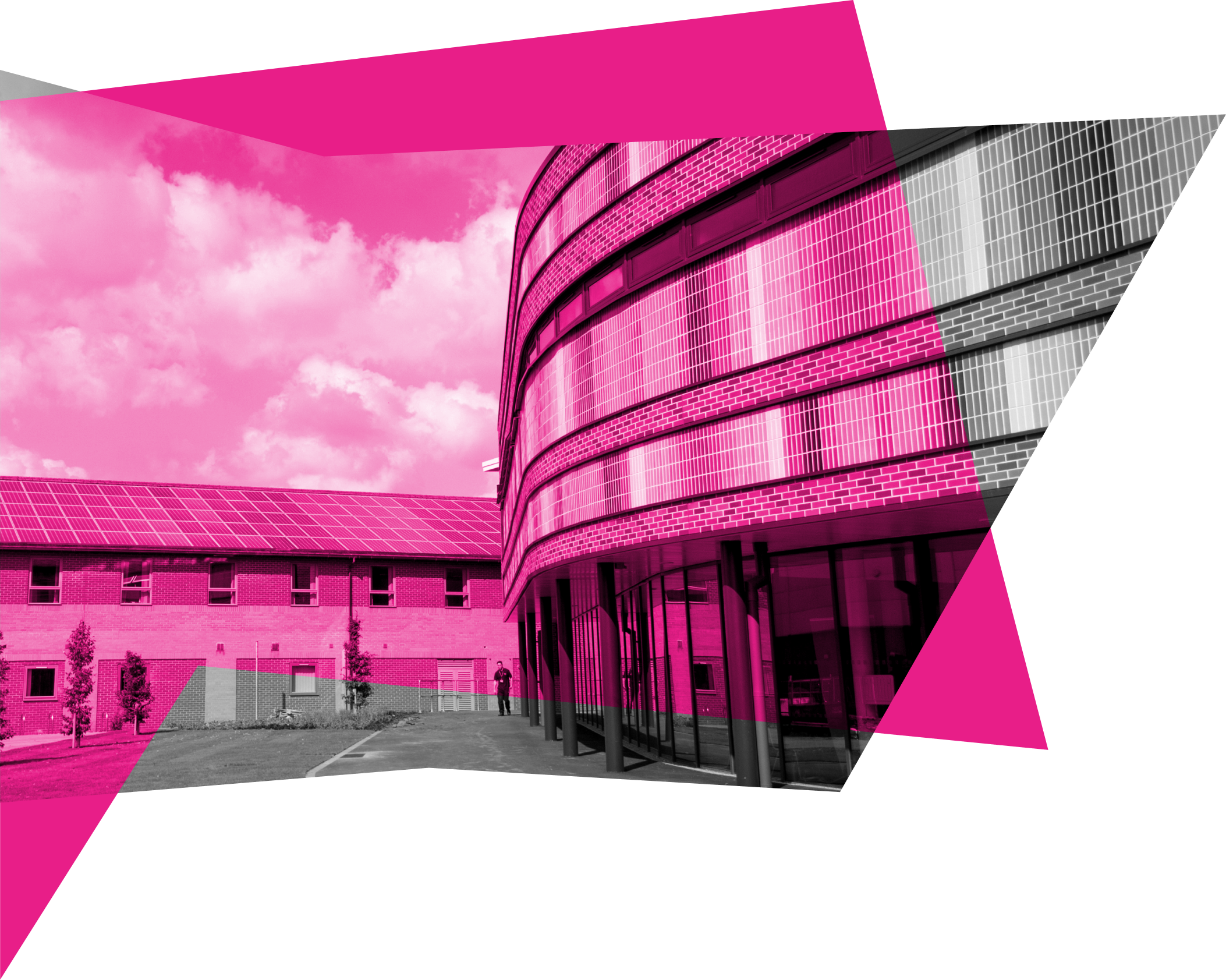 Outside of The Hub, back and white with a pink overlay.