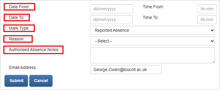 Screenshot showing the fields that need to be filled to register an absence on the ILP